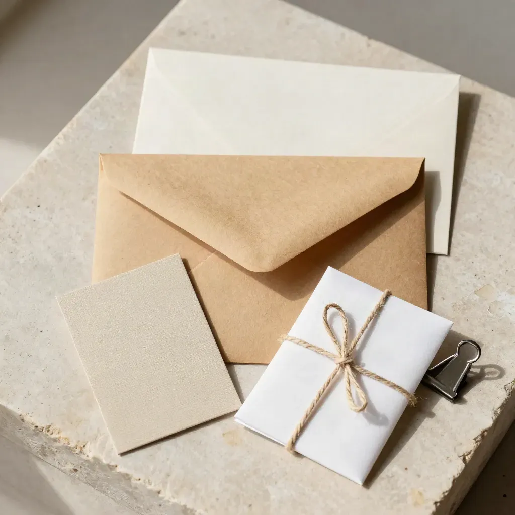 Kraftpapierumschlag mit Musterkarten, Schnurpaket und Metallclip auf hellem Stein.