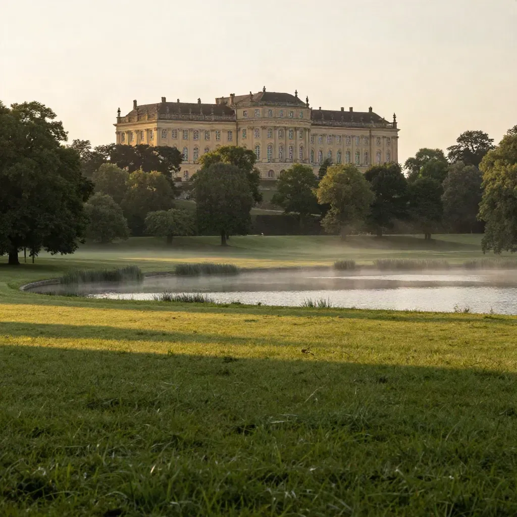 Schloss Sanssouci über stillen Wiesen und Seeufer im goldenen Dunst in Brandenburg