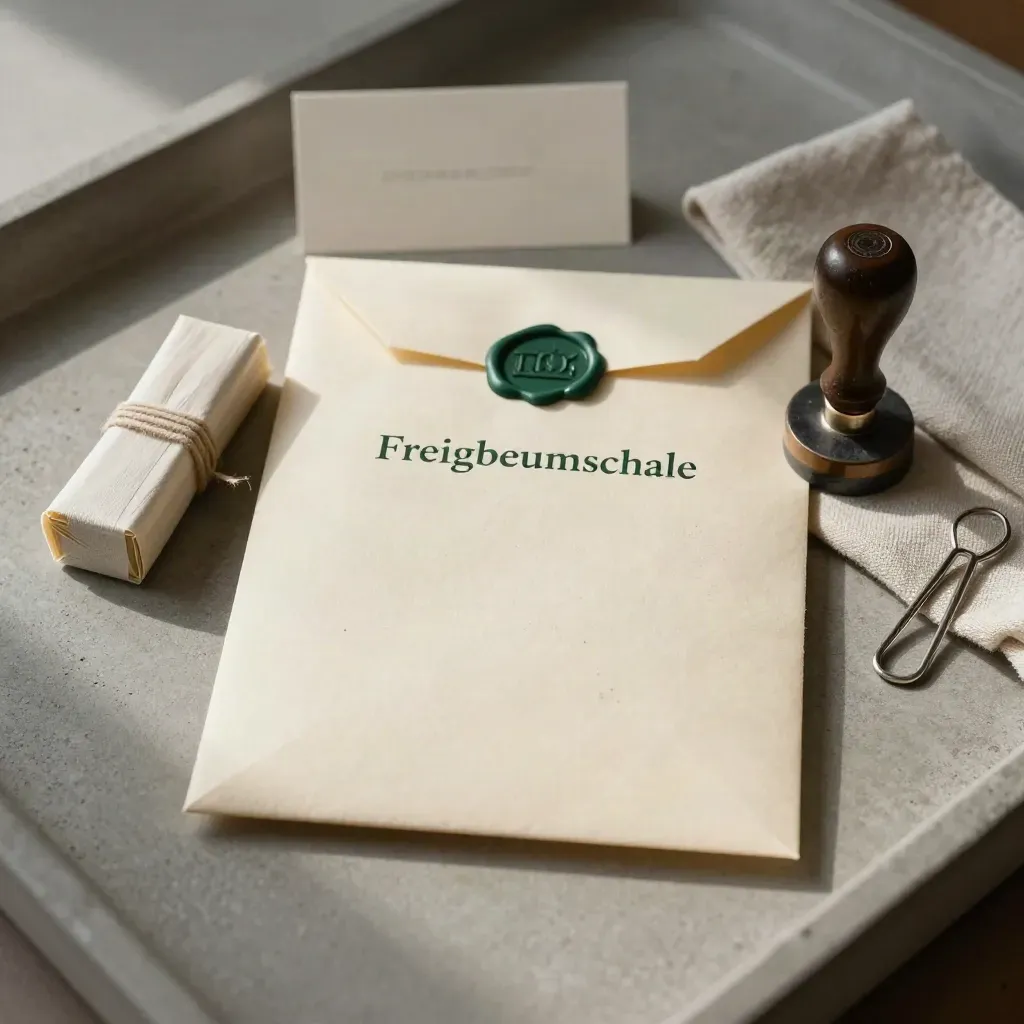 Freigabeumschlag, Papierbündel, Stempel und Klammer auf Steintray im weichen Seitenlicht.