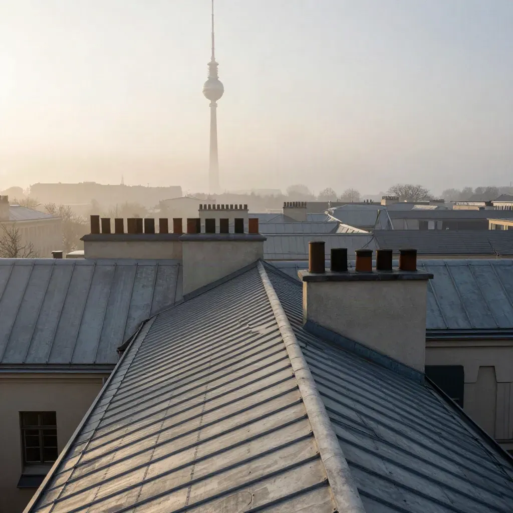 Vernebelte Berliner Dächer mit Fernsehturm und ruhigem Spreehorizont im Morgenlicht