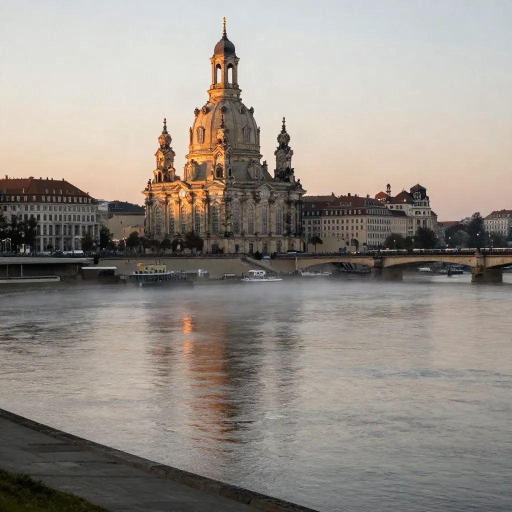 Dresdner Altstadtsilhouette mit Frauenkirche, Elbenebel und ruhigem Flussufer im Abendlicht
