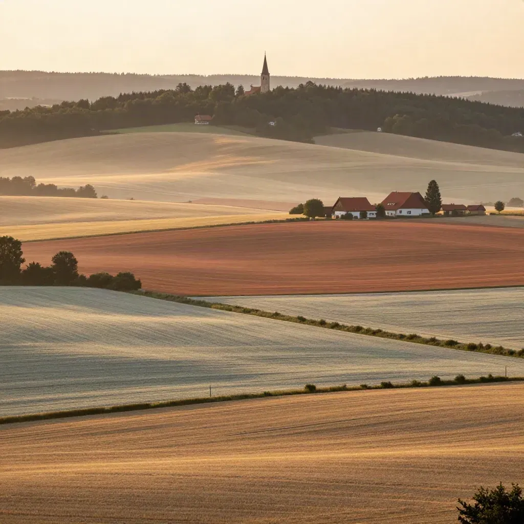 Weite Mittelgebirgslandschaft bei Sonnenuntergang mit Feldern, Höfen und fernem Kirchturm.
