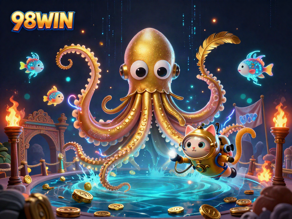 Engage in thrilling games at 98WIN with a kraken and a diving cat amidst treasures and vibrant casino elements.