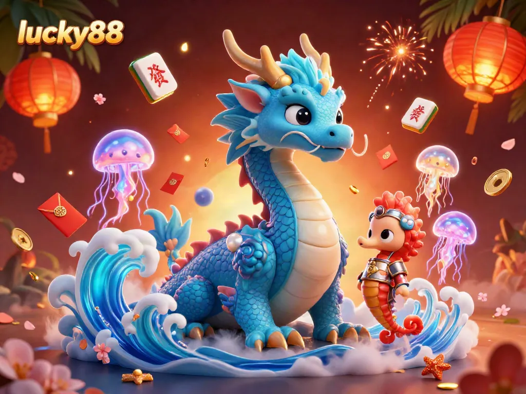 Experience thrilling gameplay at lucky88 with a vibrant scene showcasing a water dragon and seahorse knight surrounded by casino elements.