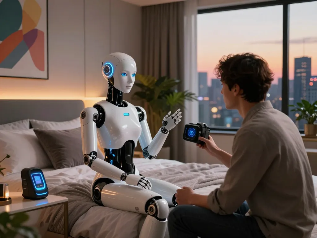 A humanoid sex bot converses in a modern bedroom, showcasing advanced technology and intimate design elements.
