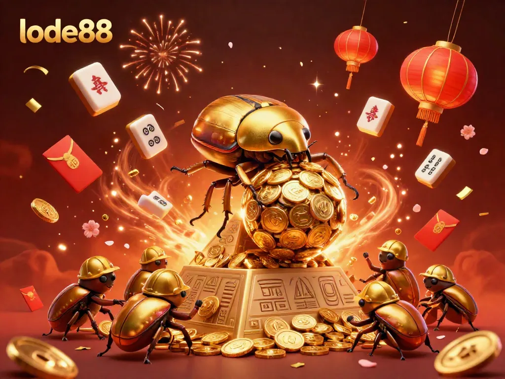Engage with exciting lode88 experiences while witnessing vibrant 3D illustrations of golden beetles and casino elements.