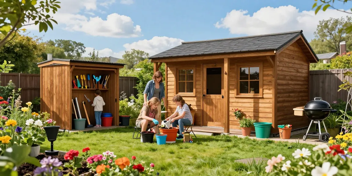Gartenhäuser aus Holz umgeben von bunten Blumen und einer Familie im Garten.