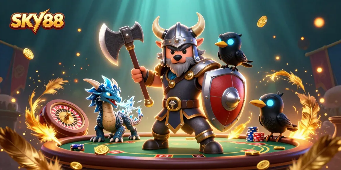 Experience winning at SKY88 with the Viking wolf warrior, dragon, and raven amid rich casino elements.