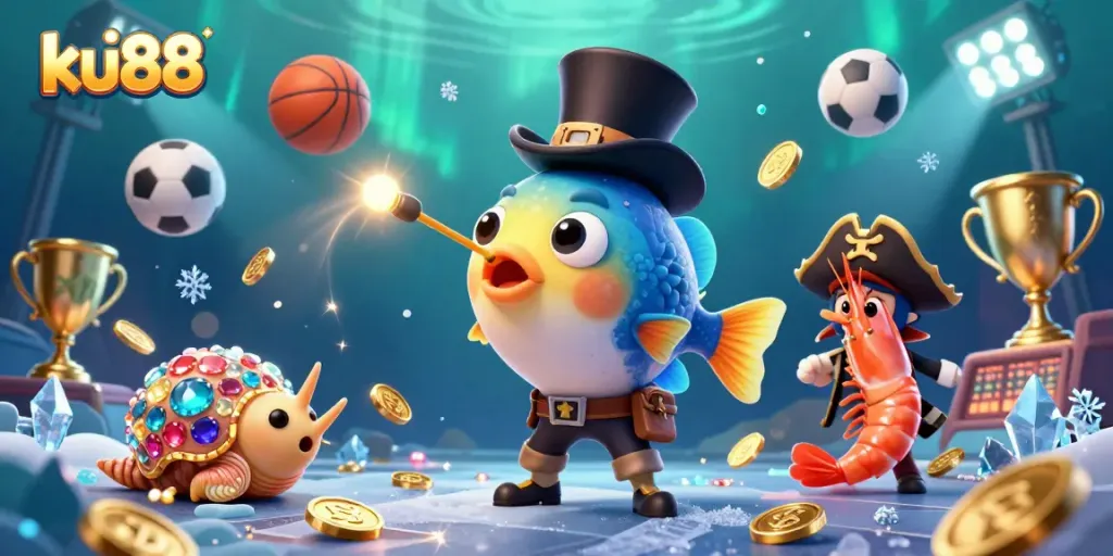 ku88 ignites excitement with a vibrant 3D cartoon ocean scene where players reel in treasures