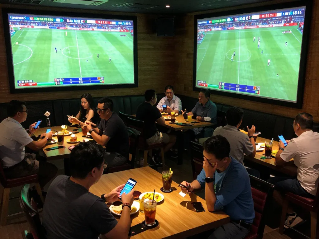 Engaging sports enthusiasts actively participating in kèo nhà cái betting at a lively sports bar