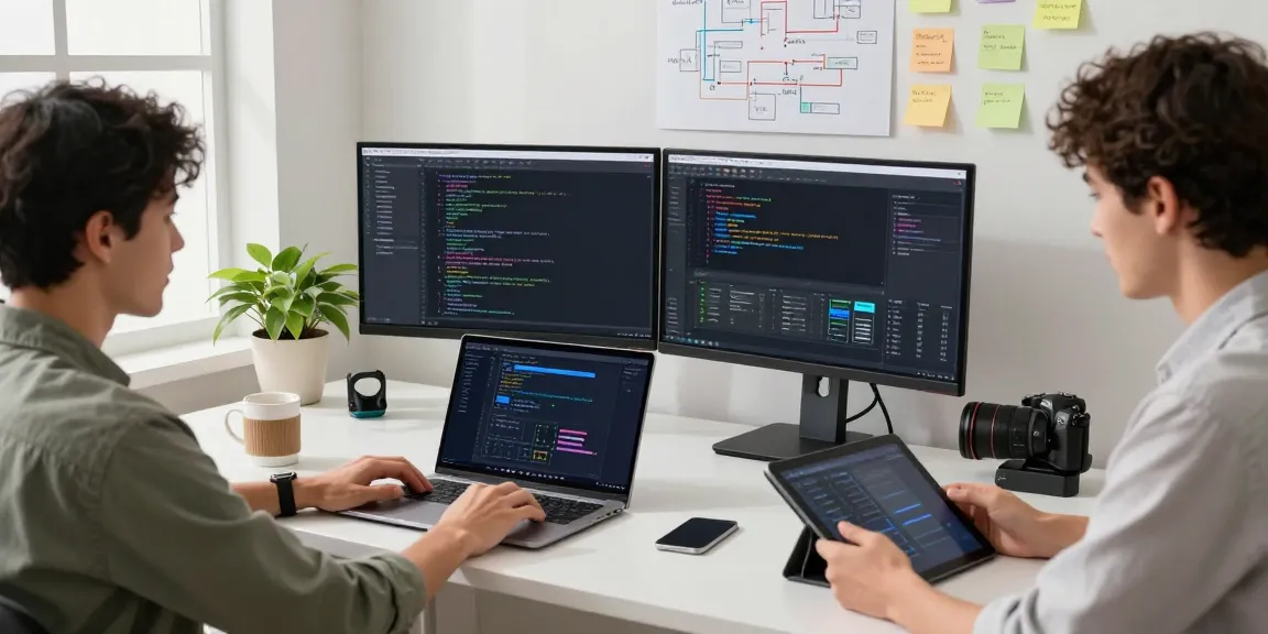 Build internal tools with AI: Developer collaborating at a modern workspace with coding dashboards and vibrant teamwork.