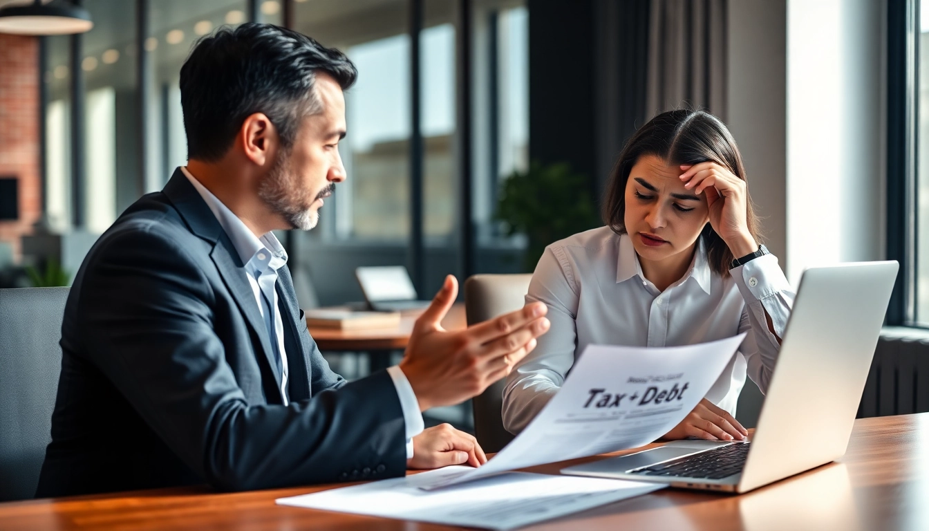Beratung zu Finanzamt Schulden in einem modernen Büro mit Berater und Klient.