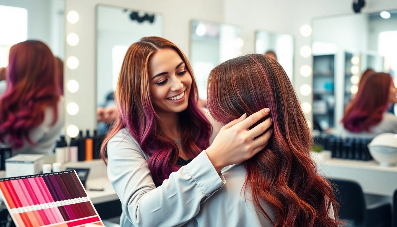 Beautiful salon scene showcasing vibrant coloration cheveux application with a professional stylist.