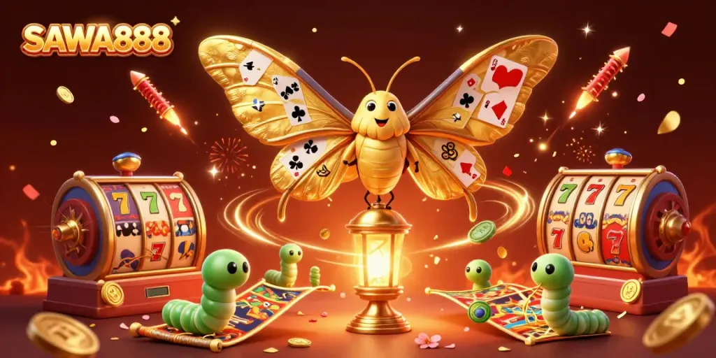 Experience thrilling gaming with SAWA888, featuring vibrant casino scenes led by a majestic atlas moth.