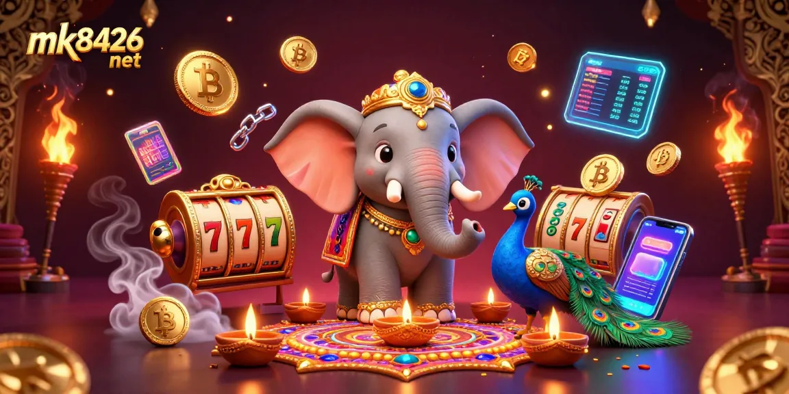 Engage with the vibrant mk8426 net casino featuring a Diwali-themed elephant, slot reels, and crypto elements.