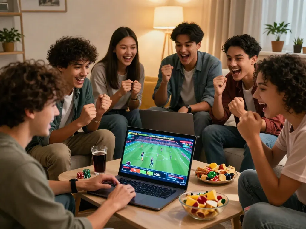 Diverse group celebrating a win while watching live sports on https://ta88.network/ in a cozy living room.