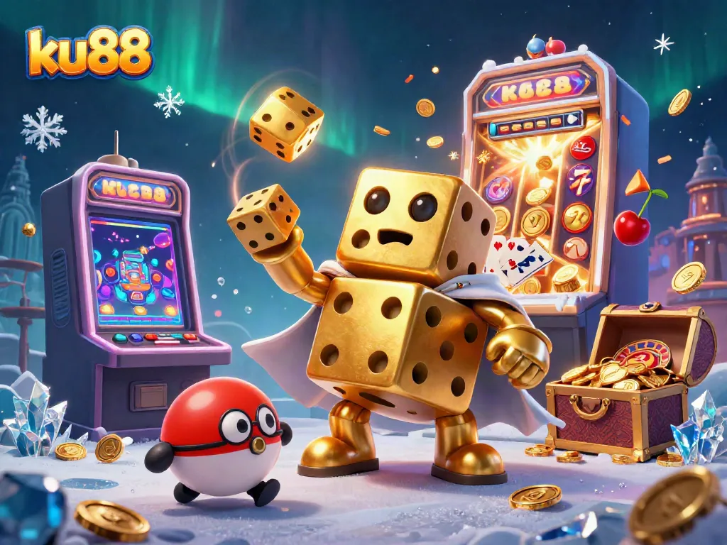 ku88 showcases exciting casino games, featuring a golden dice golem juggling dice with vibrant casino elements.