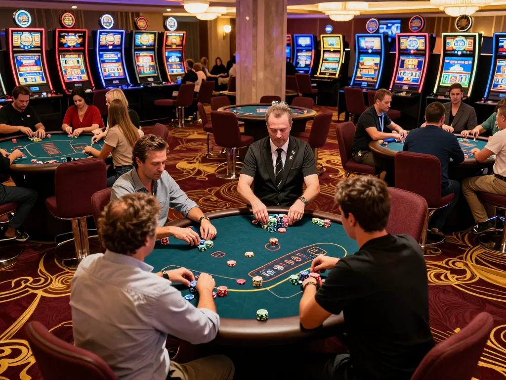 Players strategizing at poker tables around DA88, showcasing vibrant casino activity and excitement.