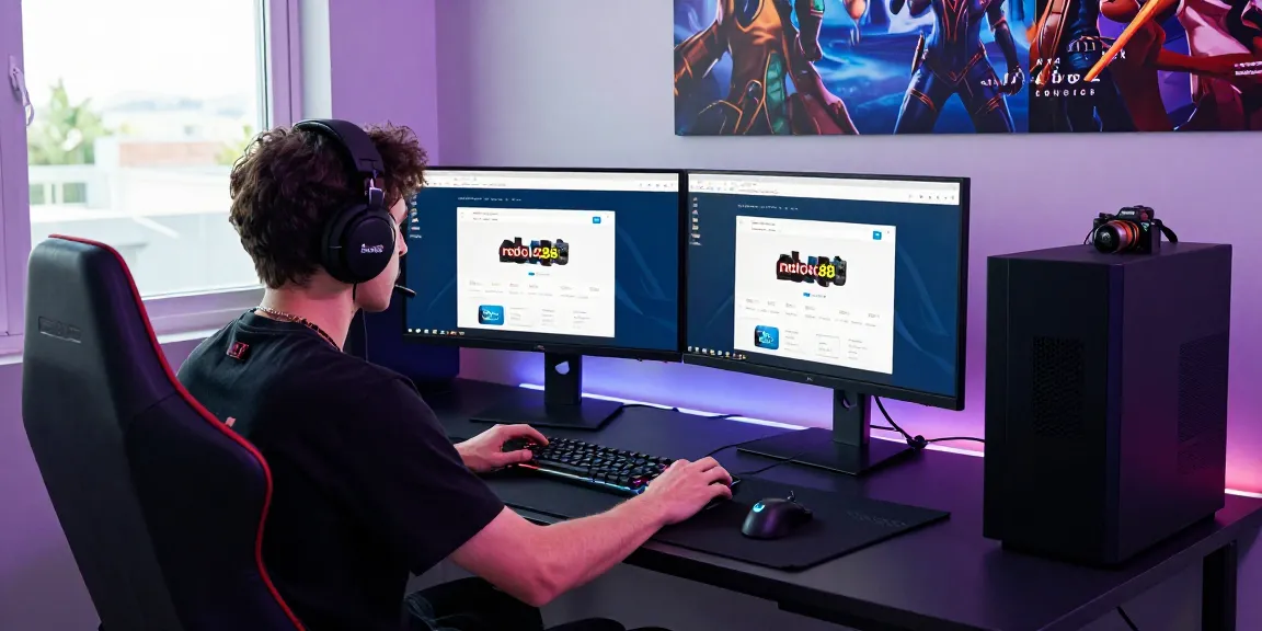 Engaging workspace showcasing rokok88 gaming experience with dual monitors and gaming gear.