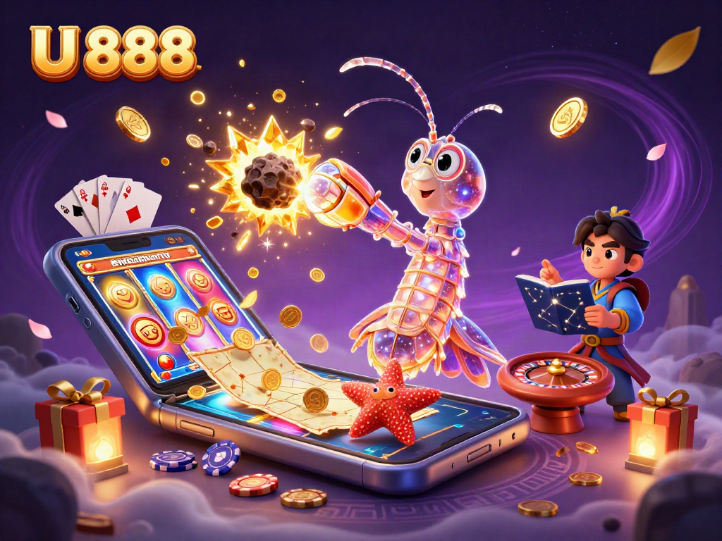 Experience U 888 as a galactic mantis shrimp battles for gold in a dynamic casino scene.