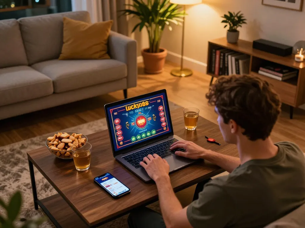 Engaged user playing lucky88s online casino games in a cozy home setting, showcasing responsible gaming.