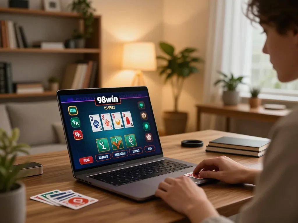Enjoying a thrilling game session at 98win, showcasing a cozy online gambling atmosphere.