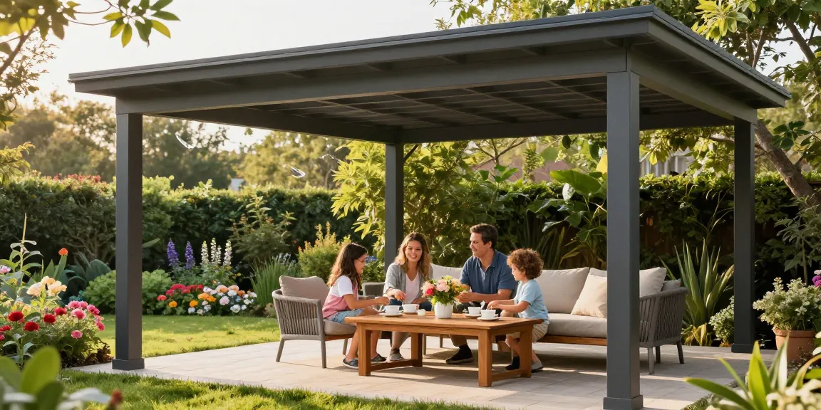 Terrassenüberdachung freistehend, Familie genießt Tee im Garten unter dem stilvollen Überdach.