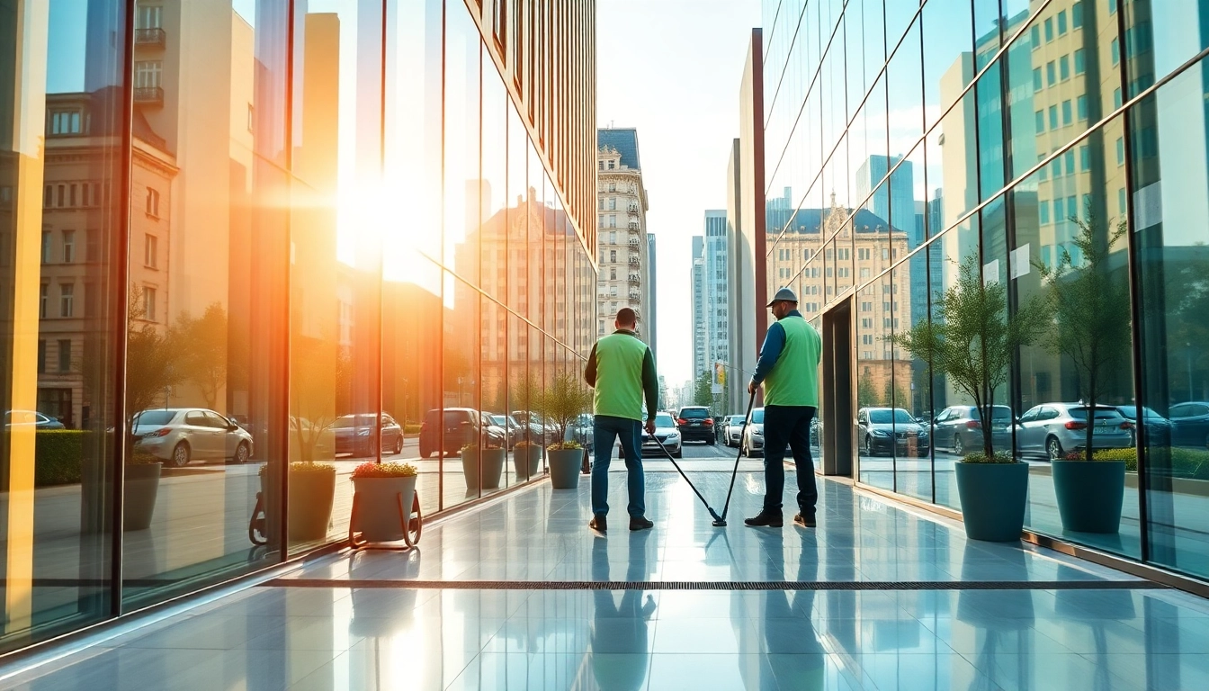 Gebäudereinigung Ulm: Professional team actively cleaning urban buildings in a bright and inviting setting.