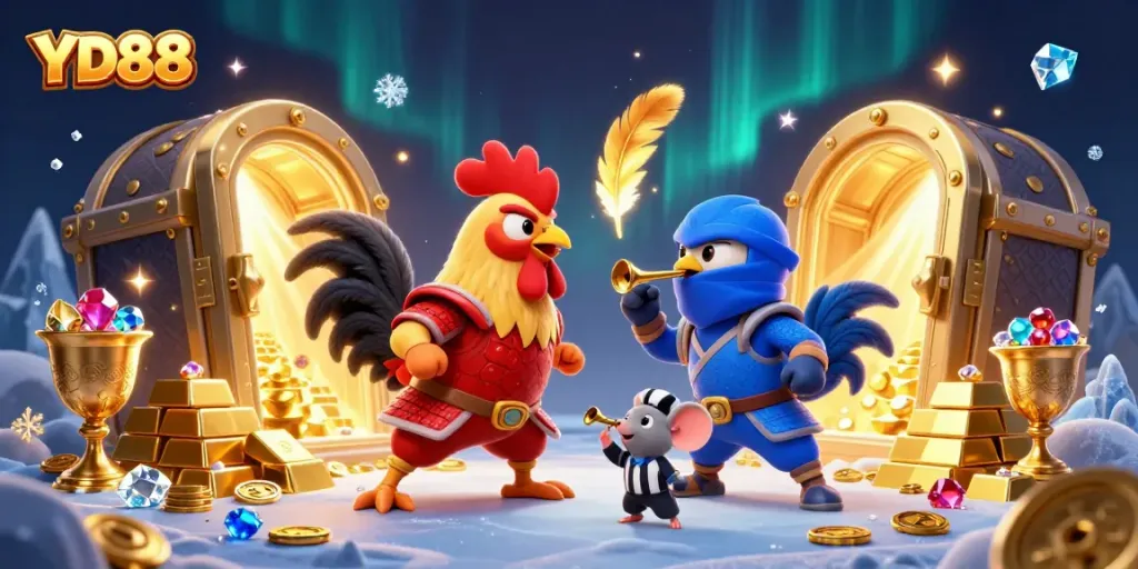 Experience thrilling action with YD88's vibrant fighting roosters in a dramatic gambling showdown.
