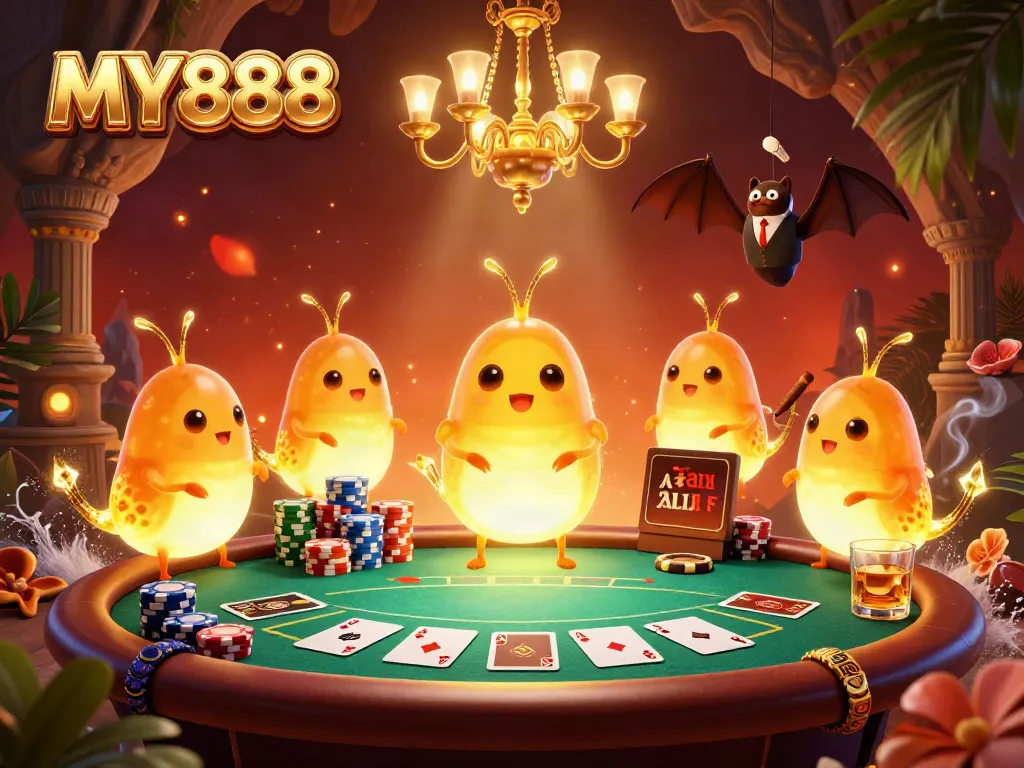 Experience thrilling gaming adventures at MY888 with glowworms and a bat dealer in a vibrant cave casino scene.