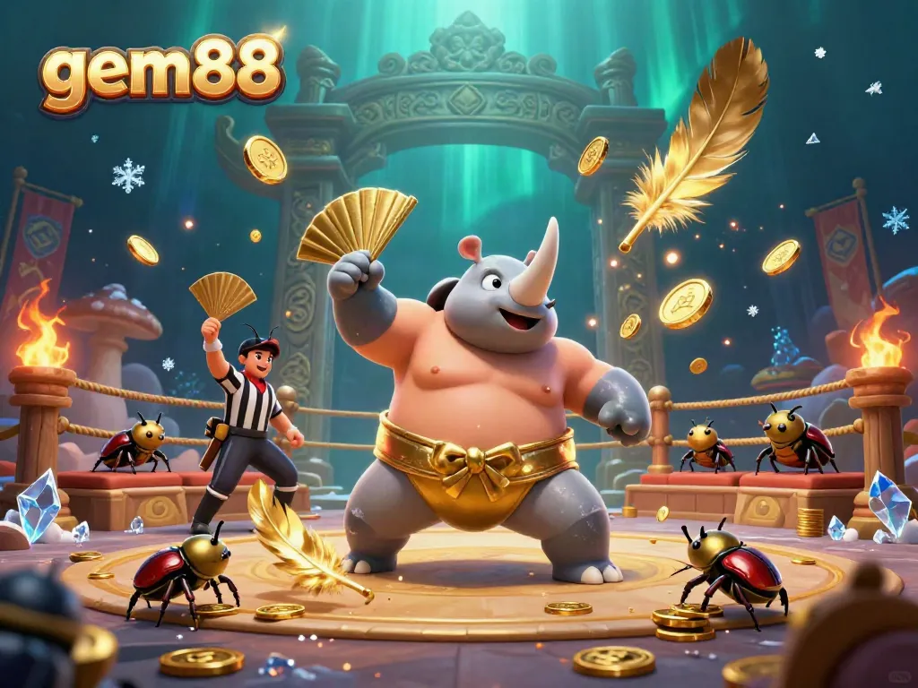 Experience exciting action at gem88 with a dazzling scene of a beetle champion winning amidst falling golden coins.