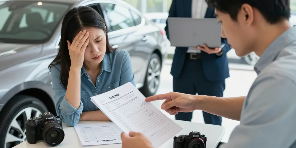 Car check UK: Buyer evaluating a car’s history report during dealership negotiations.
