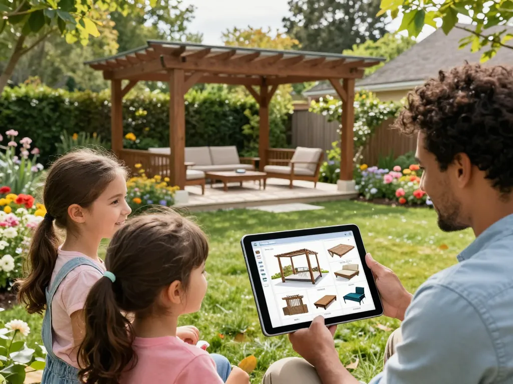 Familie nutzt den Pergola-Konfigurator, um eine maßgeschneiderte Pergola in ihrem Garten zu entwerfen.