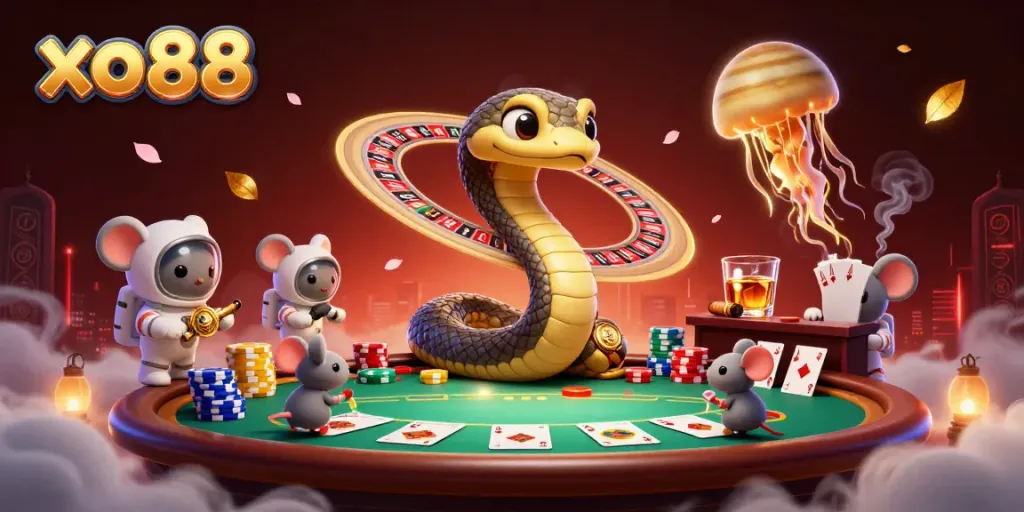 Experience thrilling bets at xo88 with a cosmic roulette and playful astronaut mice in a stunning illustration.