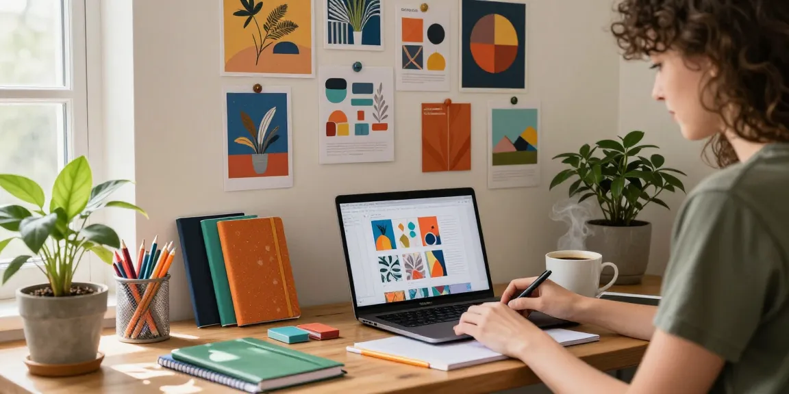 Custom printed notebooks displayed in a creative workspace with designer customizing a notebook.