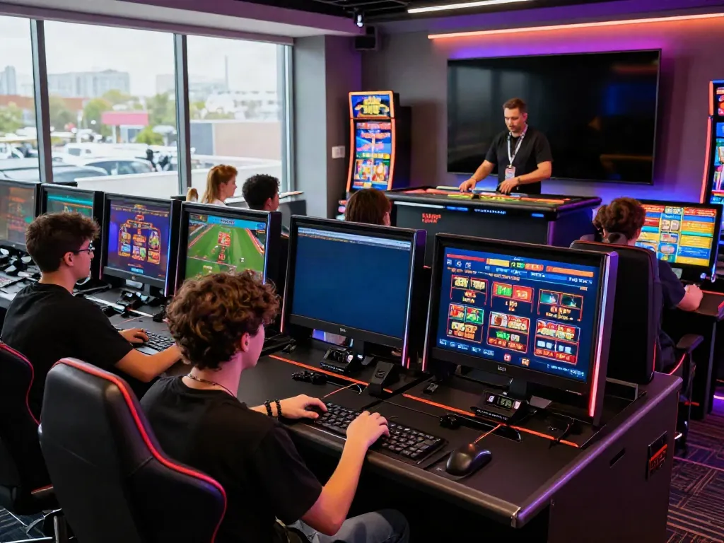 Engaged players enjoying a thrilling online betting experience at UK88, surrounded by vibrant gaming technology.
