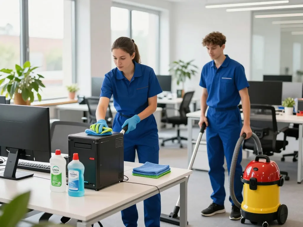Professioneller Büroreinigungsservice in Münster, der qualifiziertes Personal bei der Arbeit mit umweltfreundlichen Materialien zeigt.