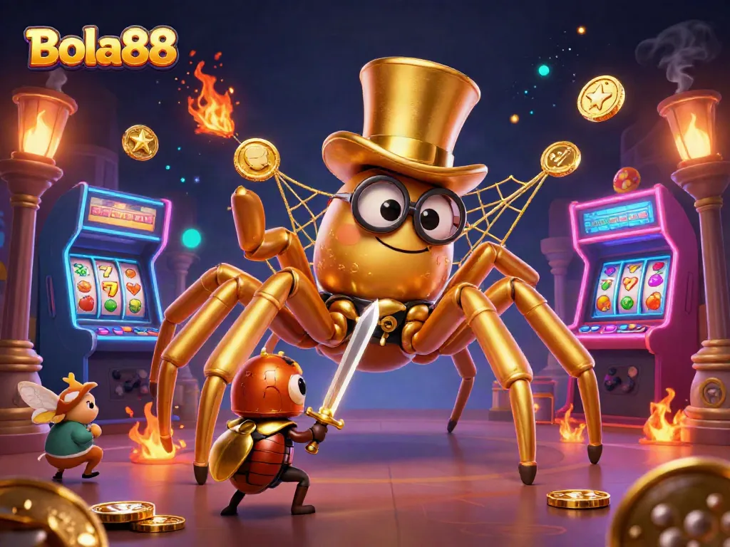 Bola88 showcases a vibrant casino scene with a golden tarantula weaving luck, urging players to win big.