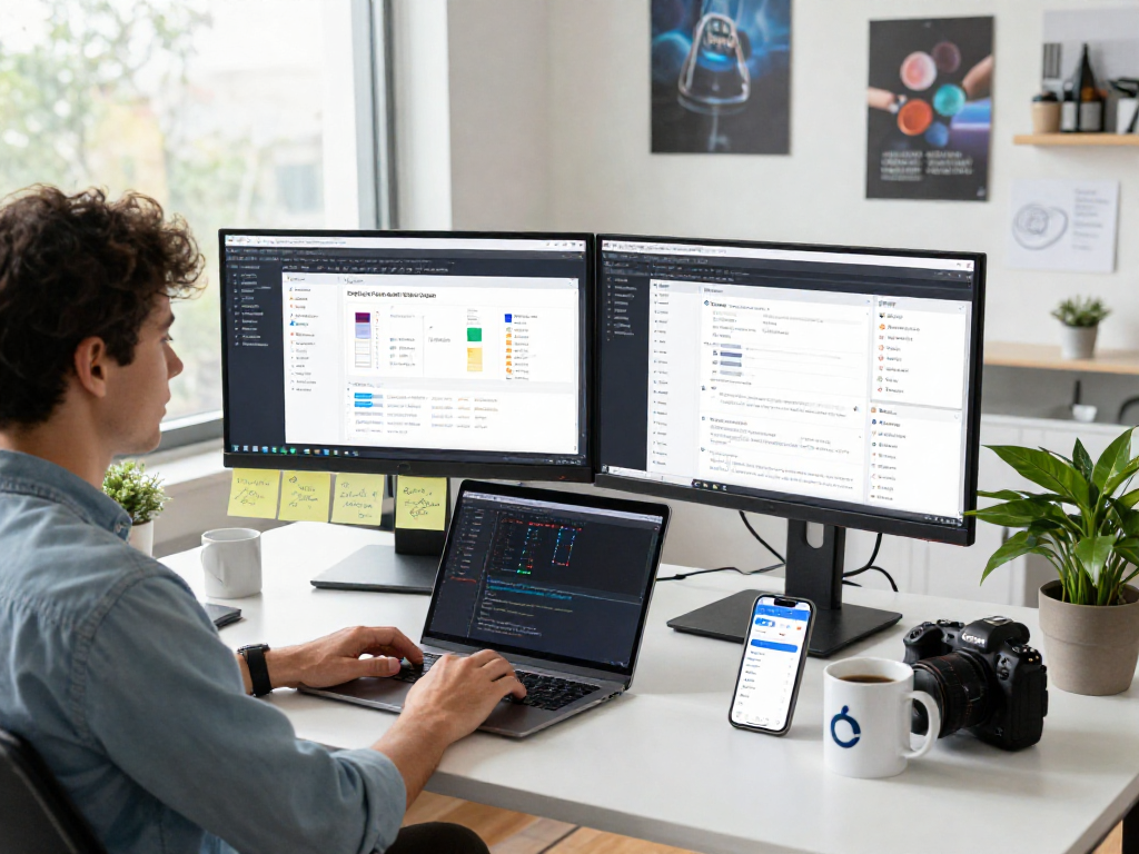 Developing the debet app with user interface design on dual monitors in a modern office