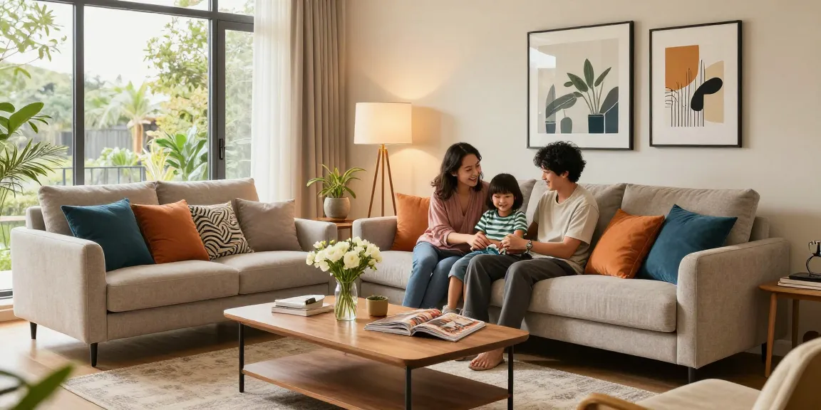 Gemütliche Familie genießt Qualitätszeit auf einem stilvollen Sofa, während sie möbel günstig kaufen.