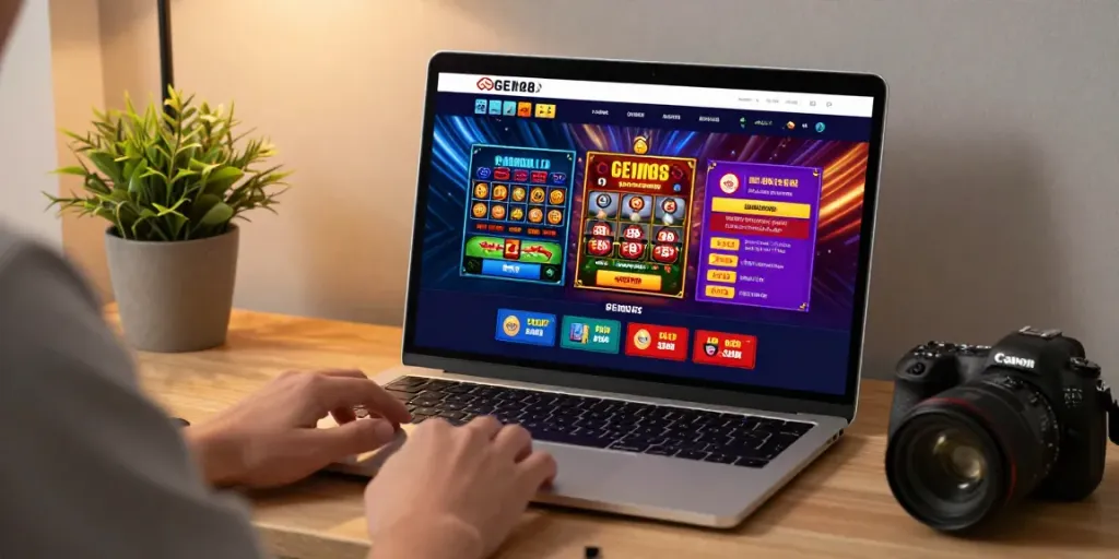 Engaging online gambling experience on https://gem88.bz/ with vibrant game graphics and a cozy workspace.