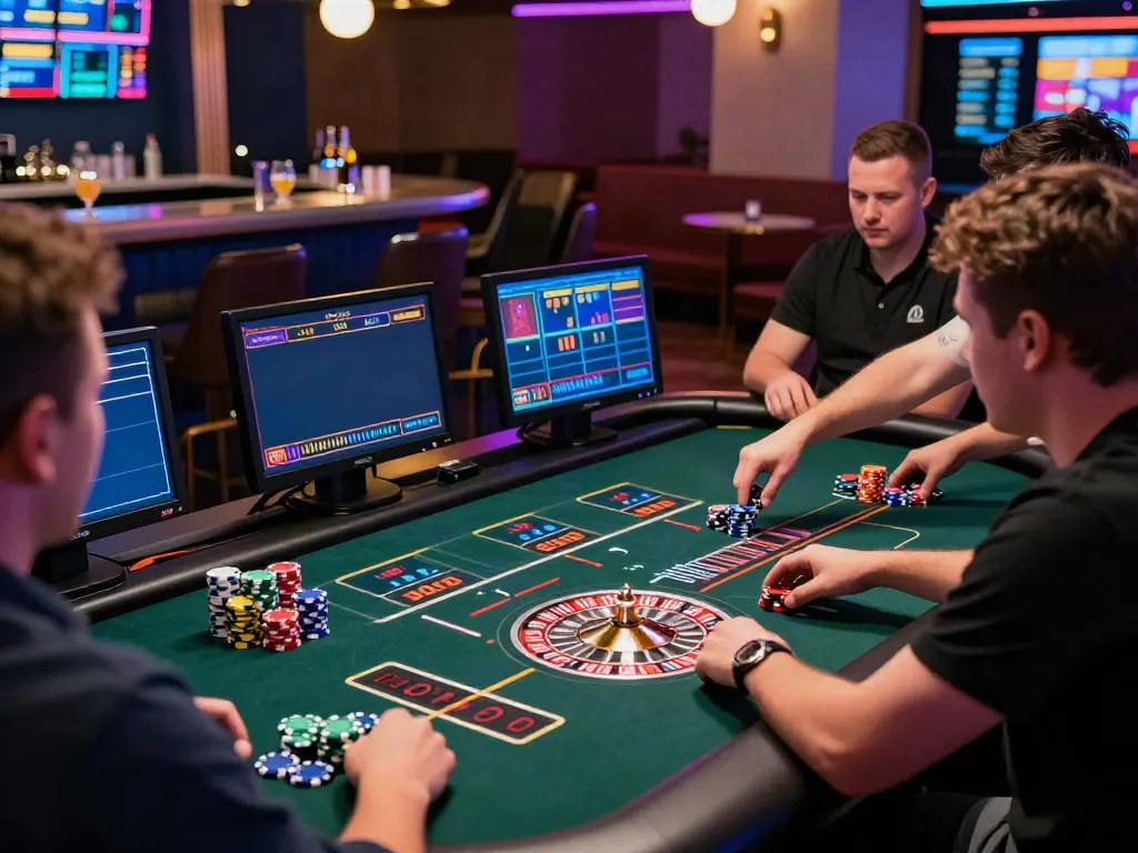 Exciting online casino scene showcasing enthusiastic players at a roulette table with vibrant atmosphere, featuring fc88 branding.