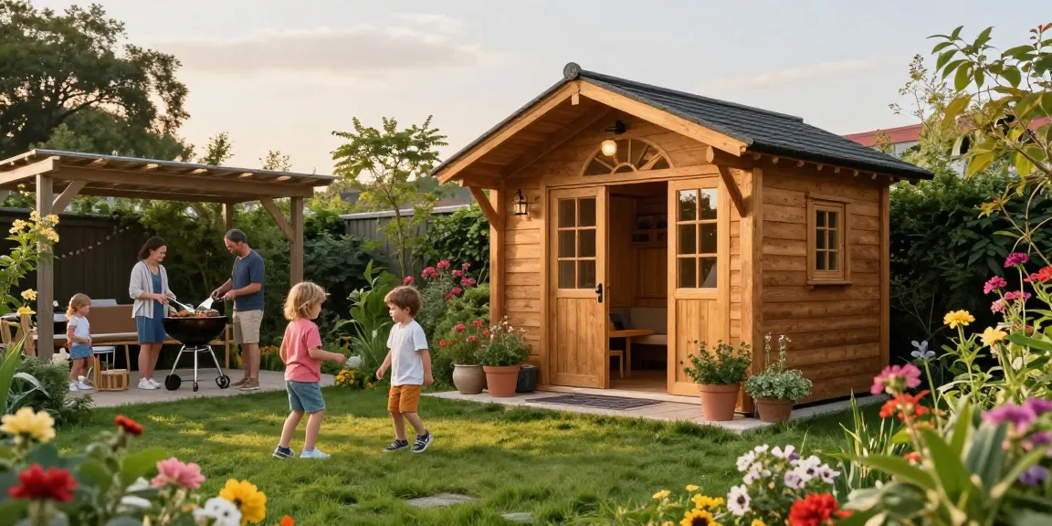 Charmantes Gartenhaus umgeben von blühenden Pflanzen und einer spielenden Familie.