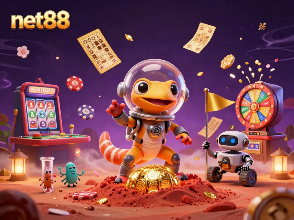 Cheerful alien characters explore the vibrant net88 casino, highlighting gaming excitement.