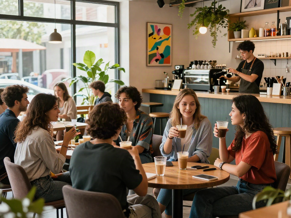 Friends at rokok88 café enjoying beverages and conversations in a vibrant social setting.