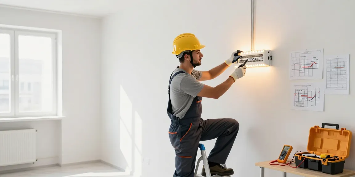 Elektriker in Dortmund bei der Installation von Beleuchtung mit professionellem Werkzeug und hellem Raumumfeld.