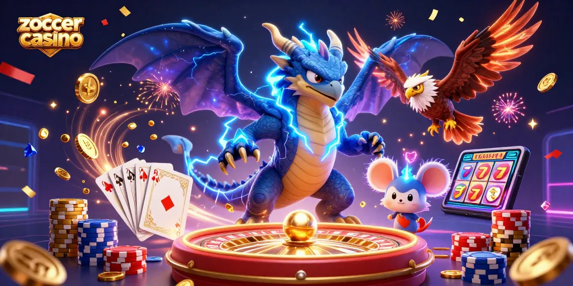 Zoccer casino showcases an energetic scene with dragon, hawk, and thunder mouse amid flying gold coins and slot reels.