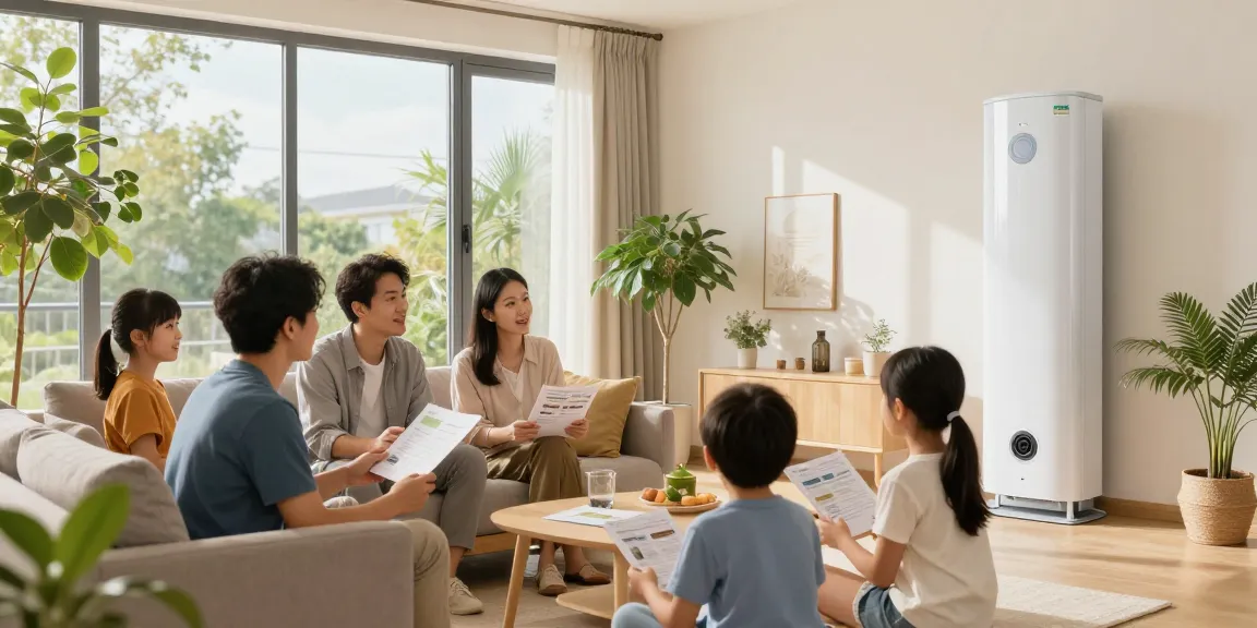 Family discussing wärmepumpe im altbau benefits in a cozy modern living room.