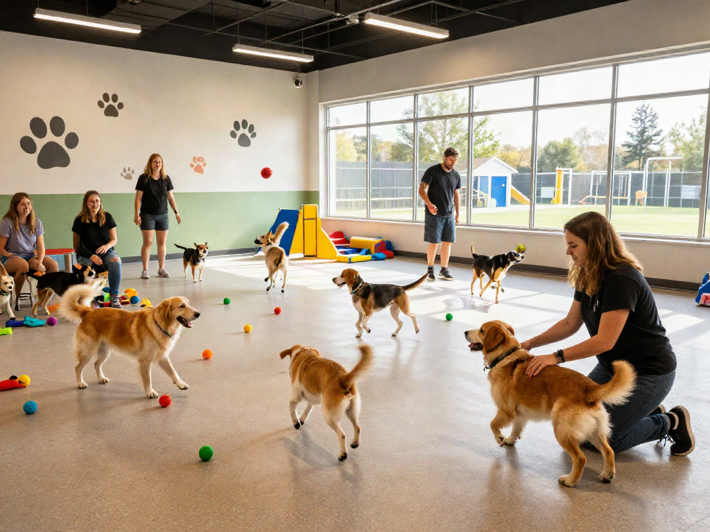 The lively dog daycare featuring various breeds playing together, showcasing slot 10k moments of joy and care.