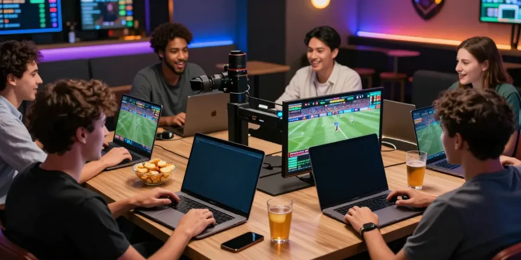 Exciting online gaming moment at https://nbet.group/ with friends engaged in live sports betting.